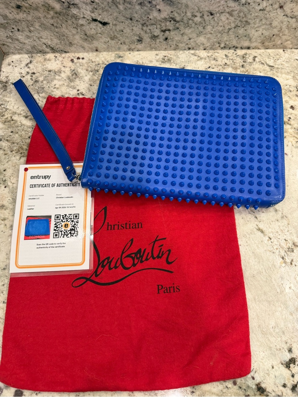 Christian Louboutin Electric Blue Spike Zip Tablet Sleeve with Dust Bag and COA
